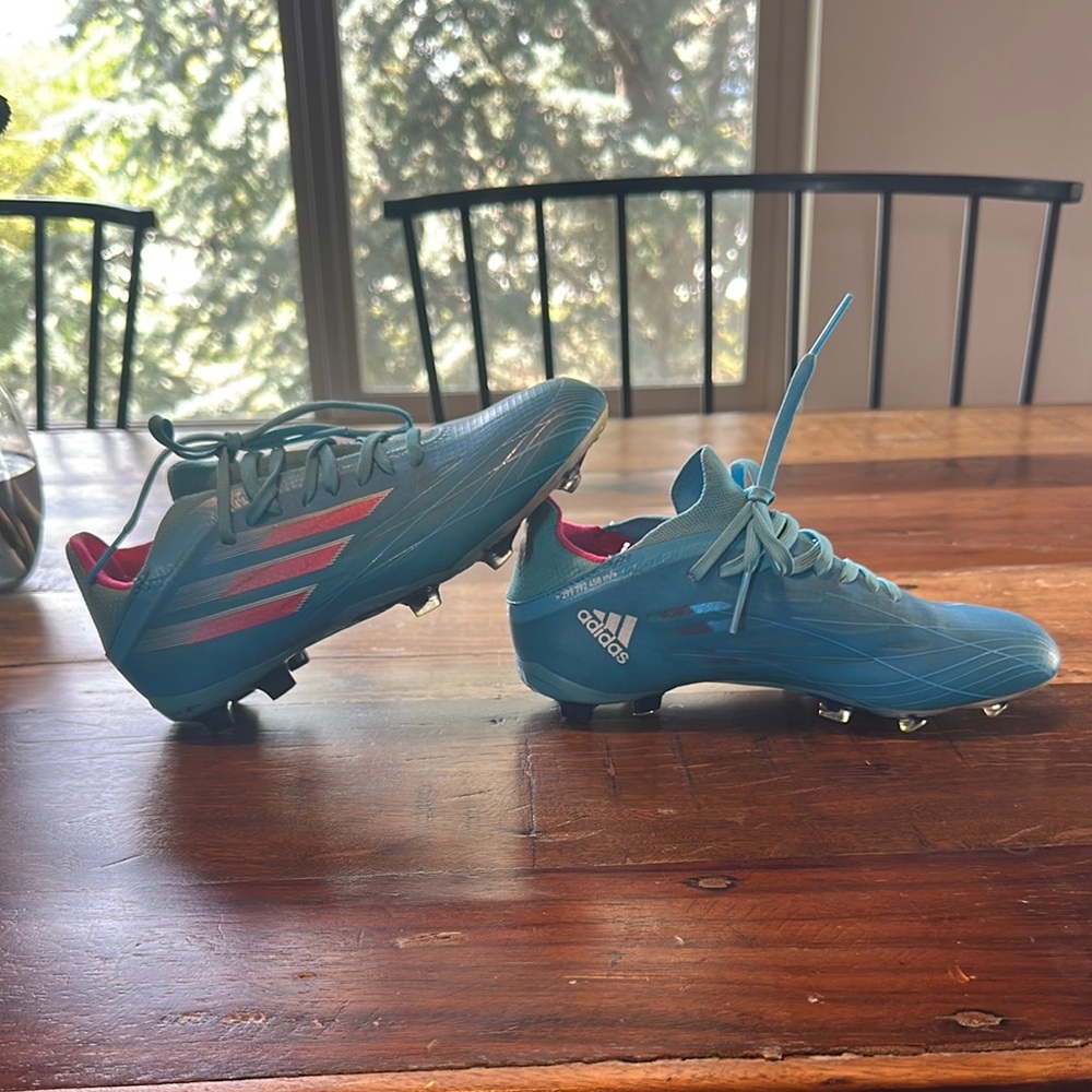 adidas Kids Teal Soccer Cleats with Pink Stripes